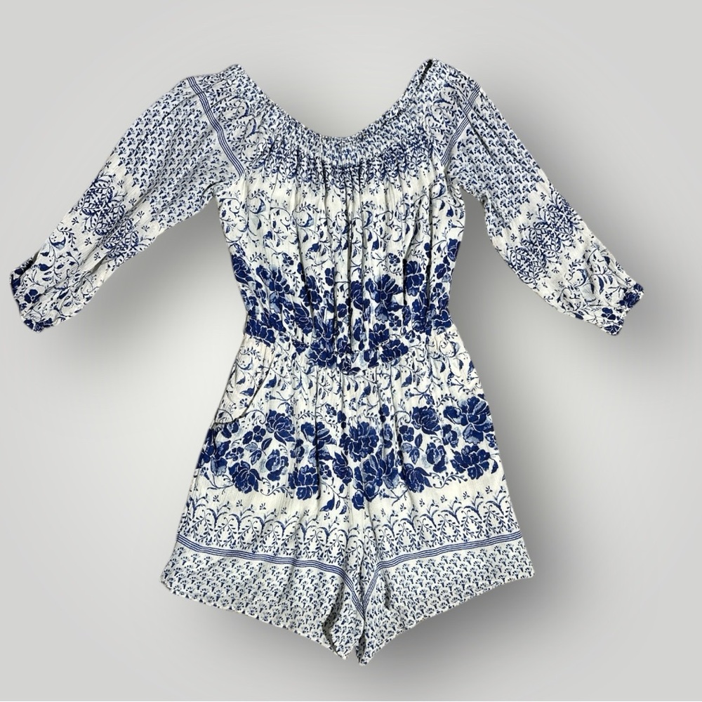 Anthropologie White and Blue Floral Off-Shoulder Romper